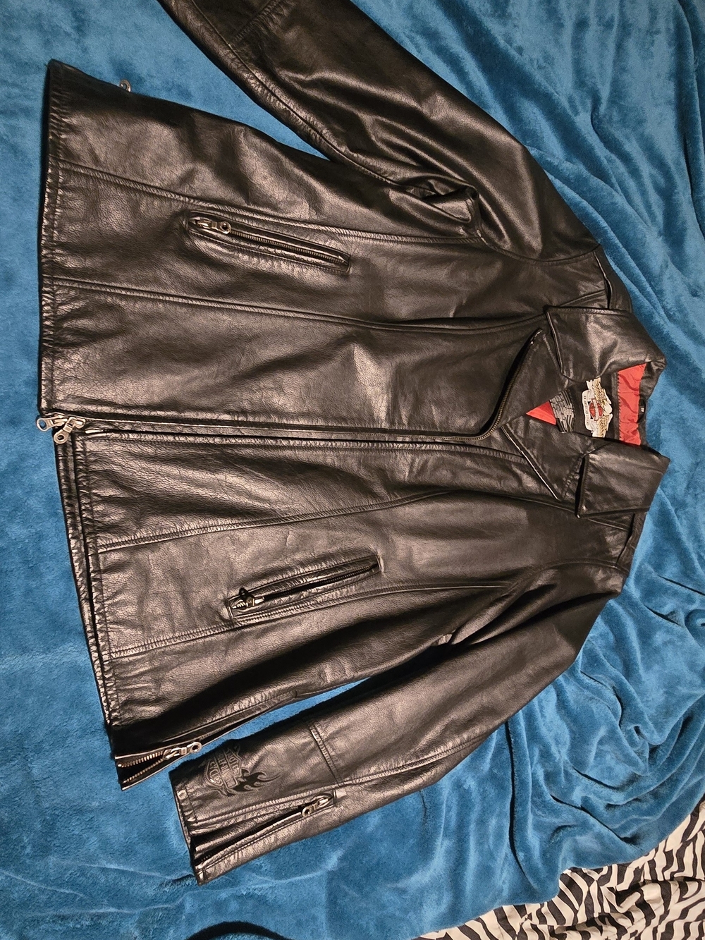 Harley-Davidson Black Leather Bomber Jacket with Red Liner
